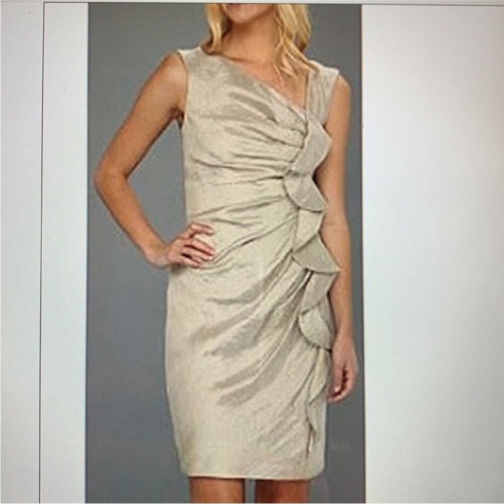 Suzi Chin gold sleeveless ruched ruffled knee length sheath dress size 8
b42